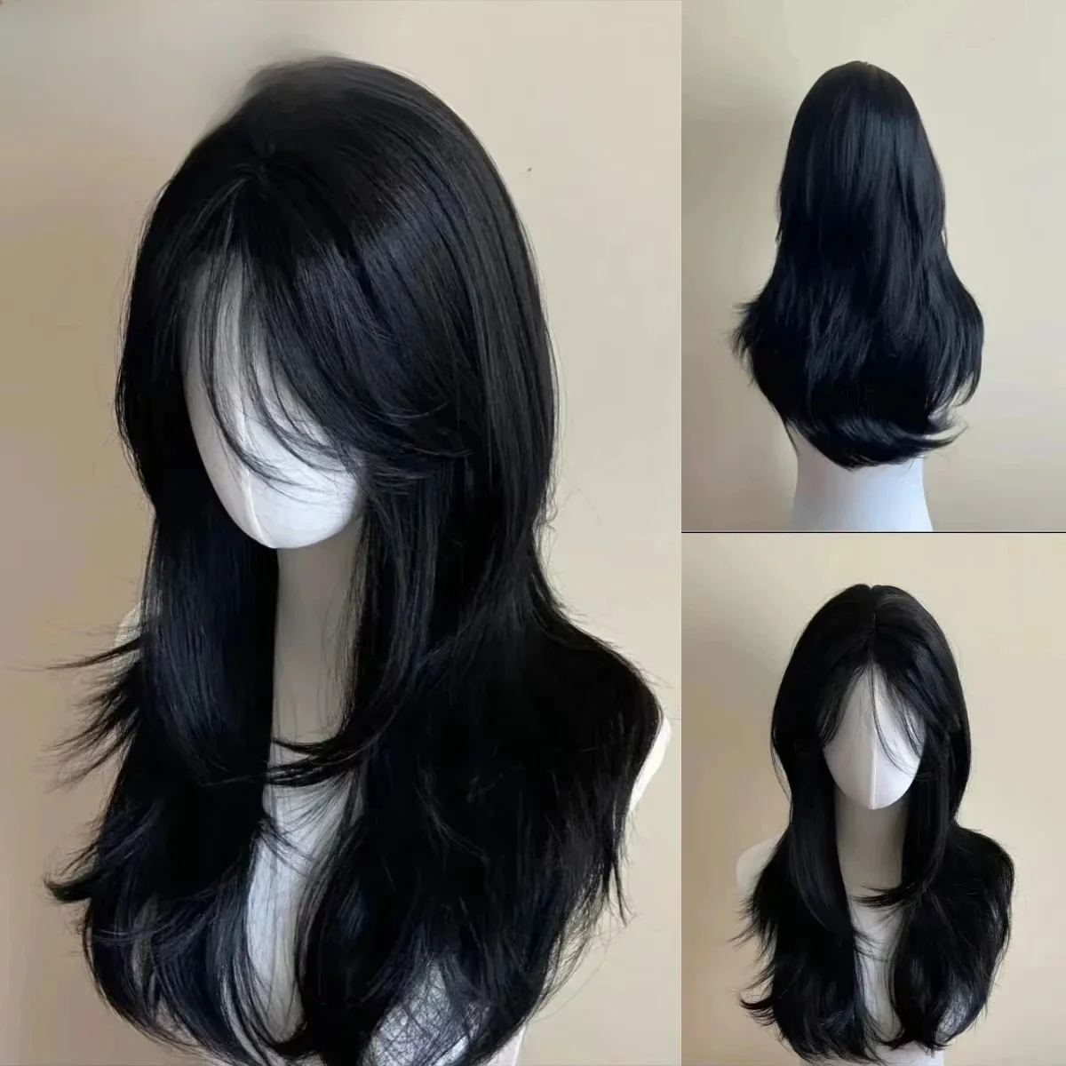 Czarna peruka Kobieca opaska na głowę Body Wavy Rose Hair Net Models in French Bangs High Level Simulation Hair Wig 가발 — zdjęcie 2