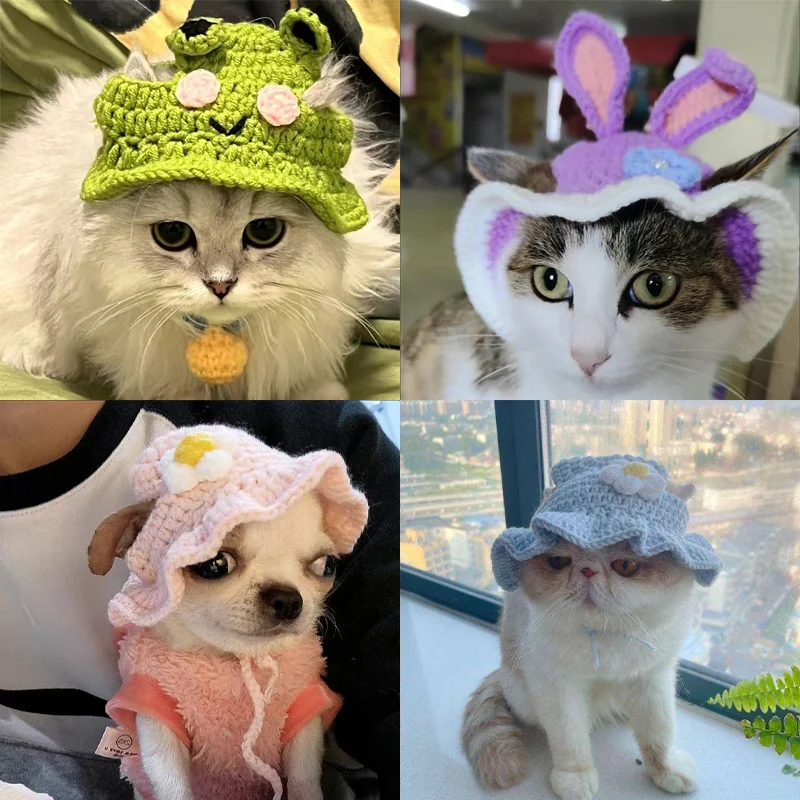 Knitted Cat Hat Autumn Winter Elastic Pet Hat Cute Frog Shape Pet Cap Puppies Kittens Parties Photoshoots Decor Cat Accessories