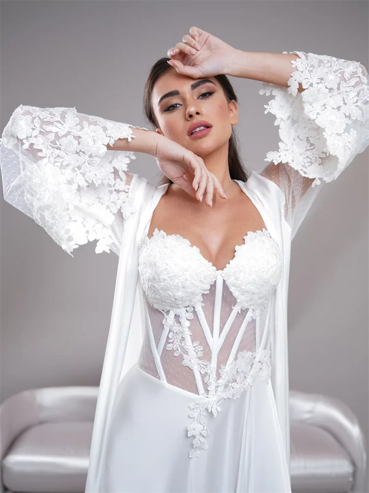 Personalizado elegante mangas compridas com apliques de contas noiva robe para casamento vestido de chá de panela feminino noite gwons personalizado