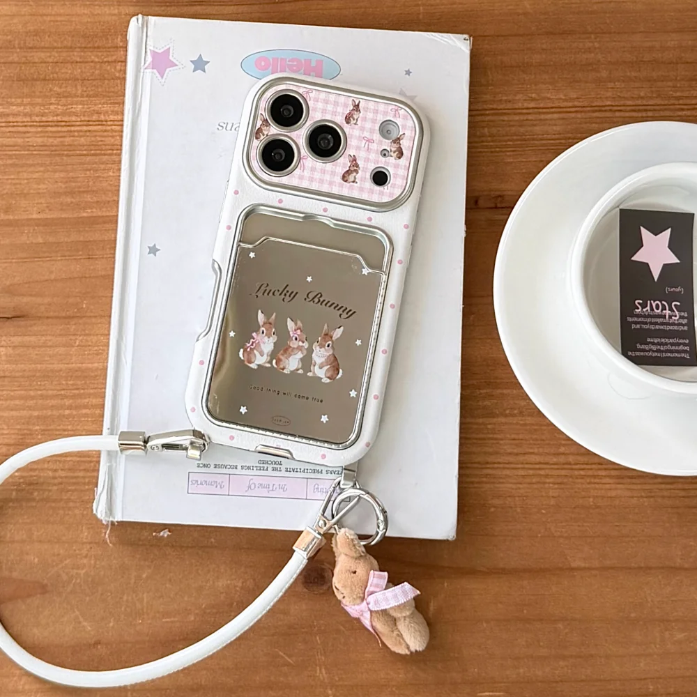

Cute simple bunny card holder phone case for iPhone 17 16 ProMax 14 15 Pro fundas Korean INS fashion shockproof protective cover