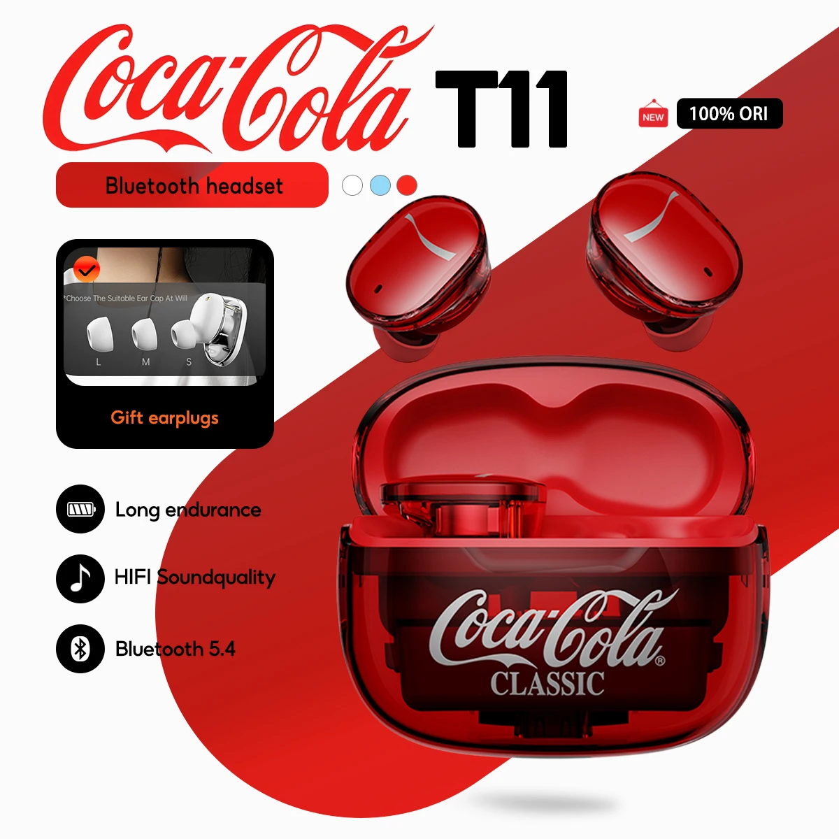 

Coca-Cola T11 In-Ear Bluetooth Earbuds with Bluetooth 5.4, ENC Noise Cancellation, 5H Battery Life, Touch Control