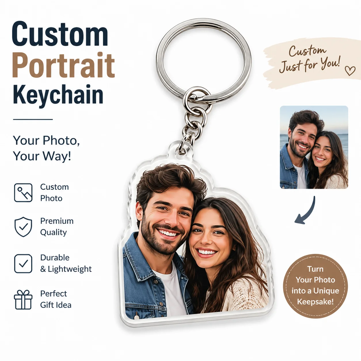 Personalisierter Acryl-Schlüsselanhänger mit Porträt, Anpassbares Fotoporträt, Hochauflösend und Transparent, Täglicher Schlüsselanhänger, Auto-Anhänger, Geschenk zum Jahrestag oder Geburtstag für