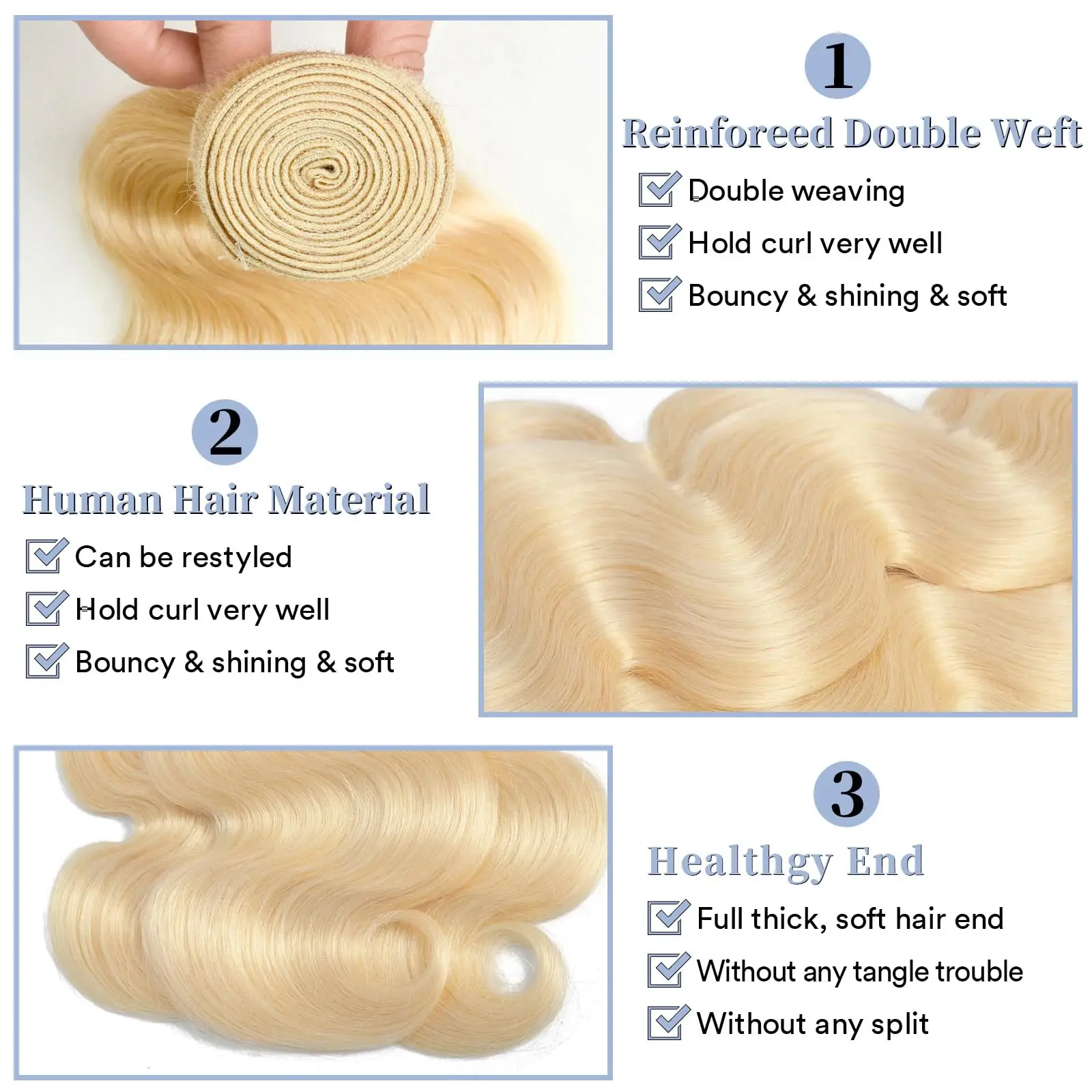 613 블론드 바디 웨이브 1 3 번들 인모 100% 무가공 12A 브라질리언 버진 인모 헤어 익스텐션 퀵 위브 번들 헤어