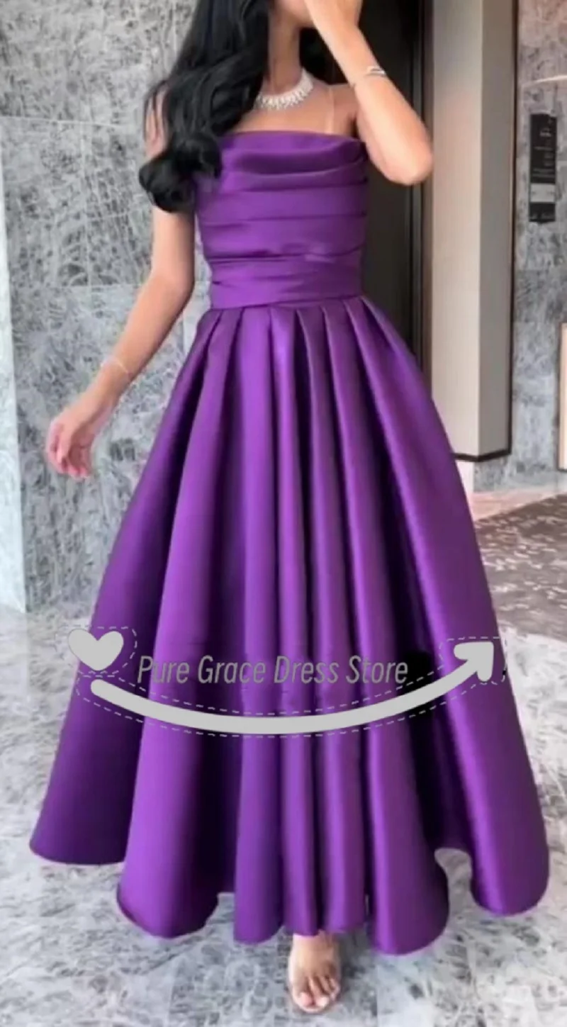 Elegant Strapless Satin Evening Dresses with Ruched  A-Line Cocktail Tea Length Prom Dress High Quality فساتين سهره فخمة 2024