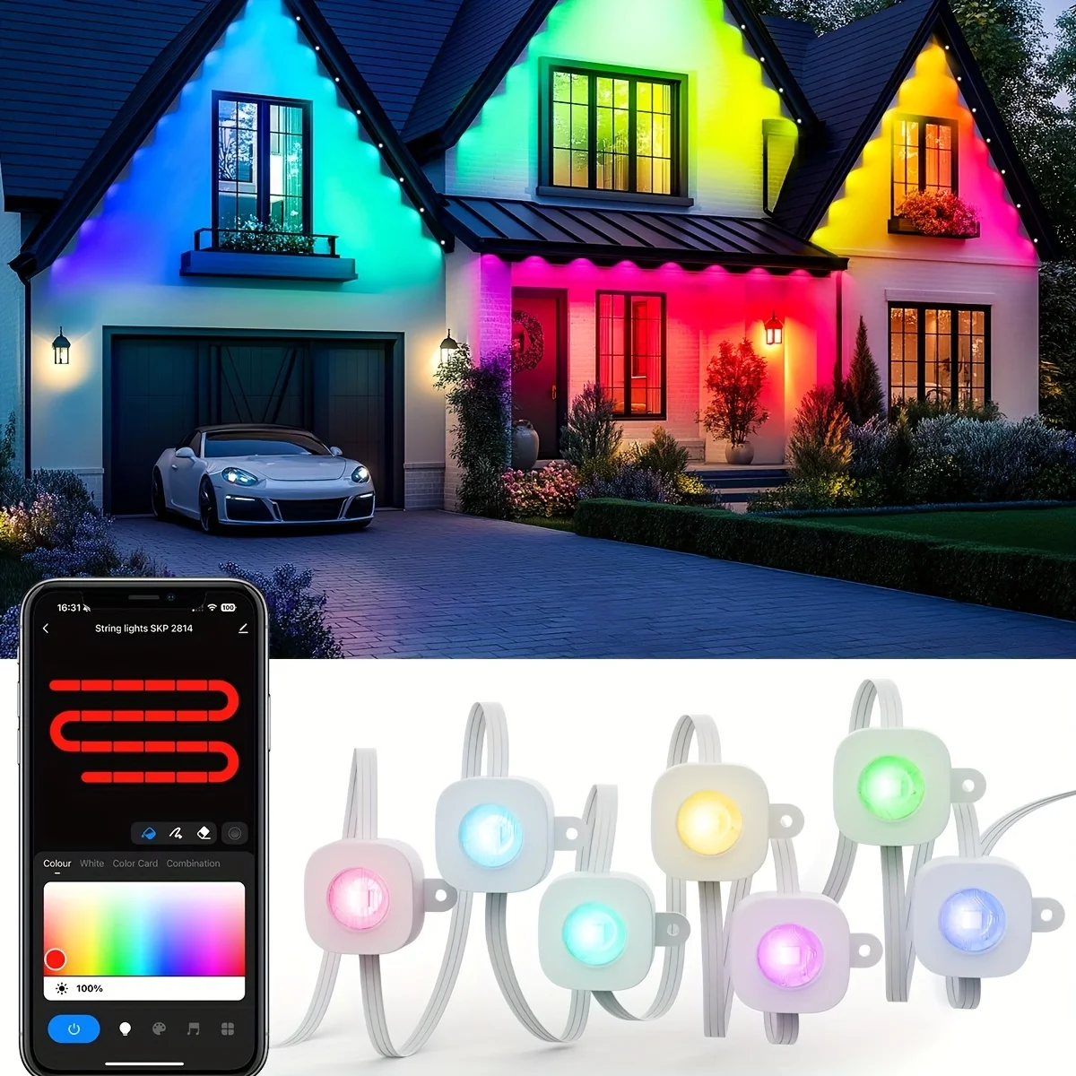 

100FT Permanent Outdoor Lights Waterproof, With RGB 72 LED Eaves Lights APP Control DIY Available Smart RGB Eaves Lights Scene