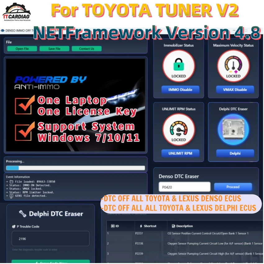 For TOYOTA TUNER V2 DTC OFF DENSO / DELPHI ECUS for ALL TOYOTA & LEXUS DISABLE IMMOBILIZER & VMAX OFF & UNLIMITE RPM & CAT OFF