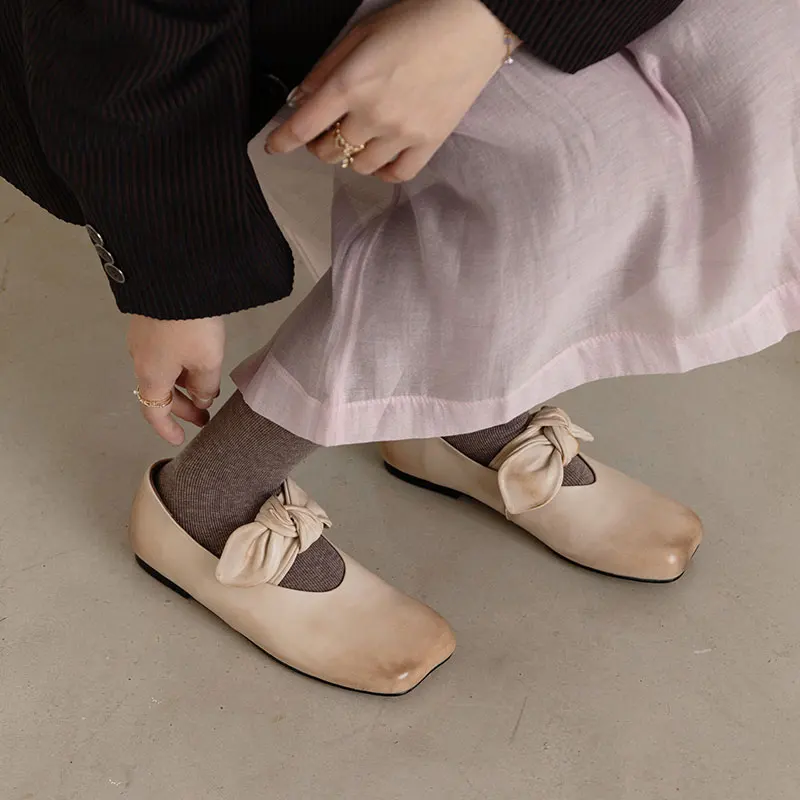 النساء بسيطة الشقق ساحة تو ربطة أحذية الانزلاق على أحذية السيدات الخريف جلد طبيعي امرأة المتسكعون الربيع أحذية أنيقة #4