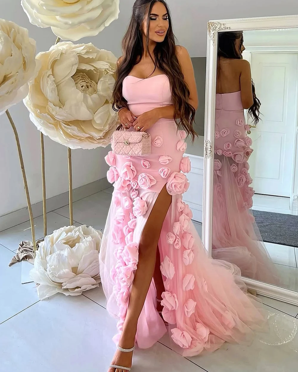 Msikoods – robe de soirée rose, élégante, fente haute, avec des appliques de fleurs 3D, sans bretelles, robe de bal, personnalisée, 2025