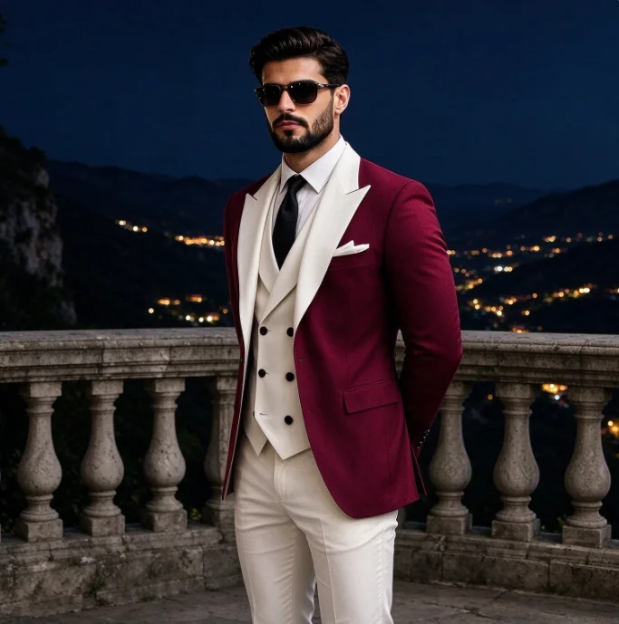 Wine Red Men 3 Piece Suit White Peak Lapel Slim Fit Tuxedo Jacket Vest Pants Wedding Groom Formal Prom Party Blazer Set Custom