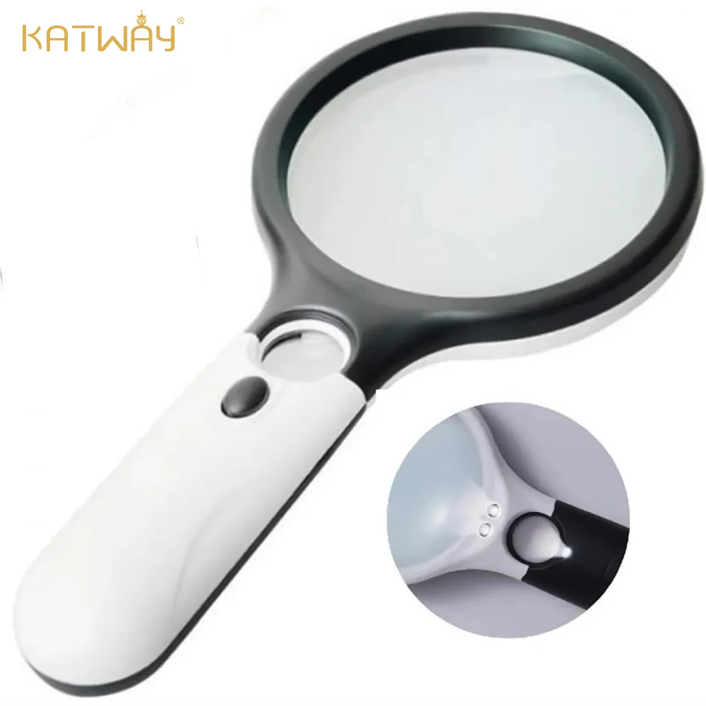 

KATWAY Jewelry Loupe and Reading, White Handheld Magnifying Glass with 45X and 3 LED Lights HH-AA43