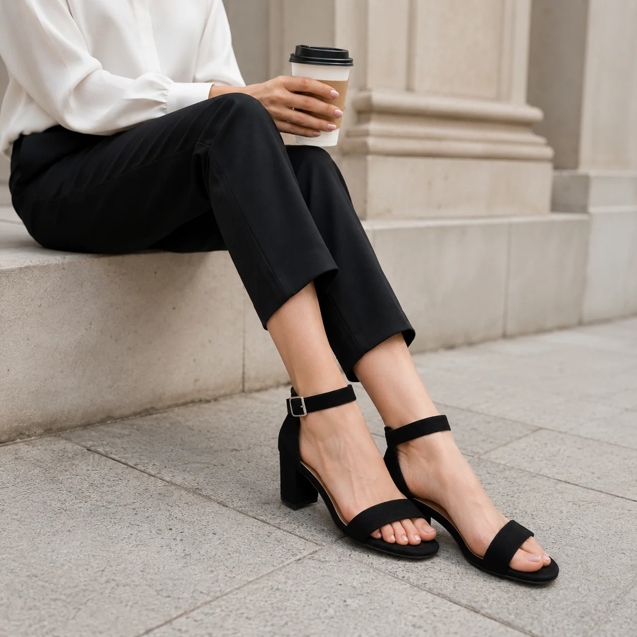 Women's Black Faux Suede Sandals 8cm Block Heel Open Toe Ankle Strap Dress Shoes for Office Party Wedding view 4