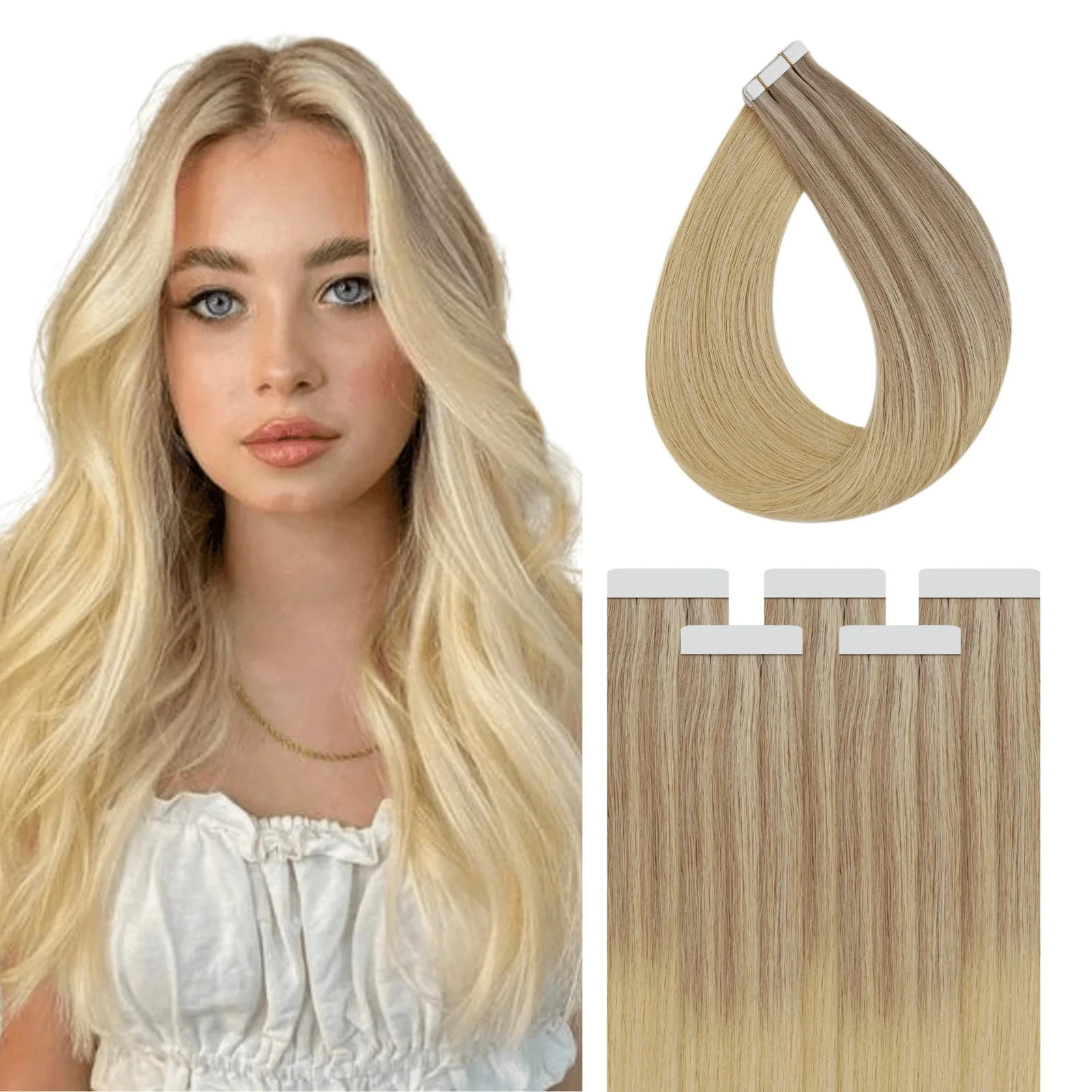 

Full Shine Virgin Tape In Human Hair Straight Ombre Blonde Color Skin Weft in 100% Human Hair