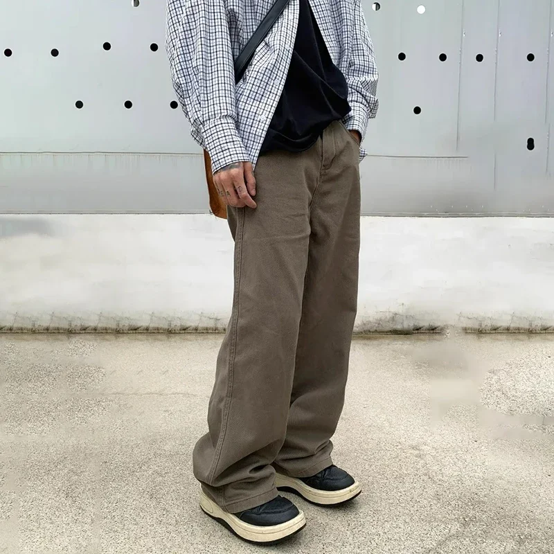 Pure Cotton Men's Cargo Pants Y2K Man Spring Solid Color Zipper Straight Multiple Pockets Work Baggy Pants Streetwear Trousers