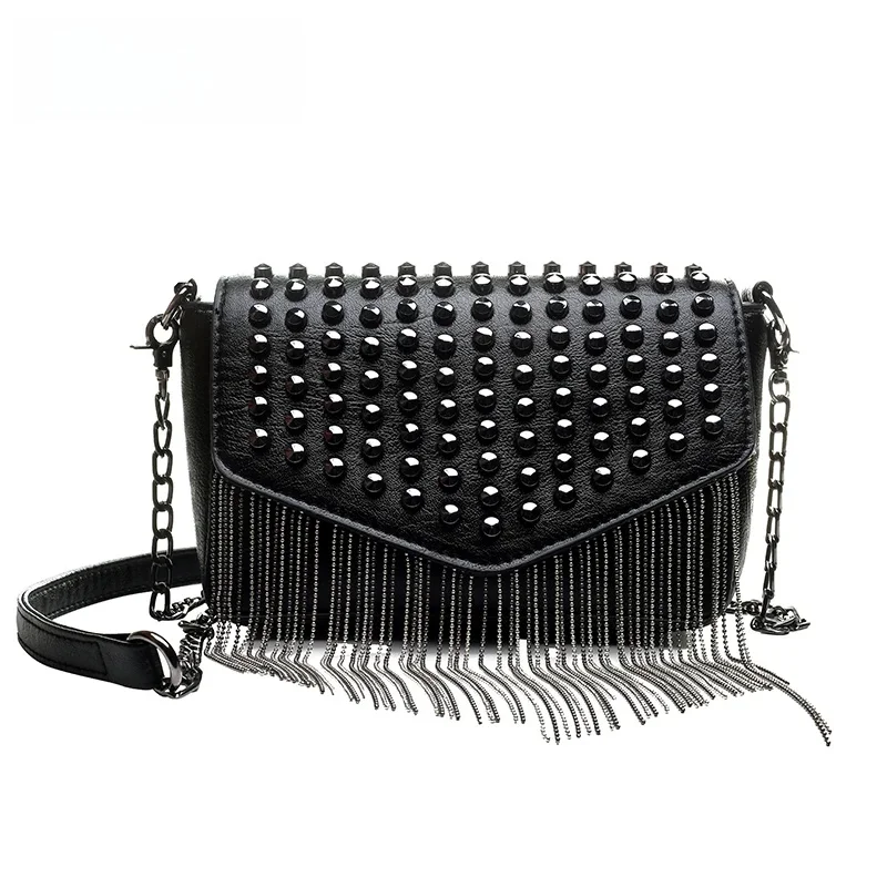 JIEROTYX Fashion Tassel Diamonds Brand Design Mini Chain Shoulder Bag Crossbody Black Leather Rivets Female Bolsa Sac A Main — zdjęcie 2