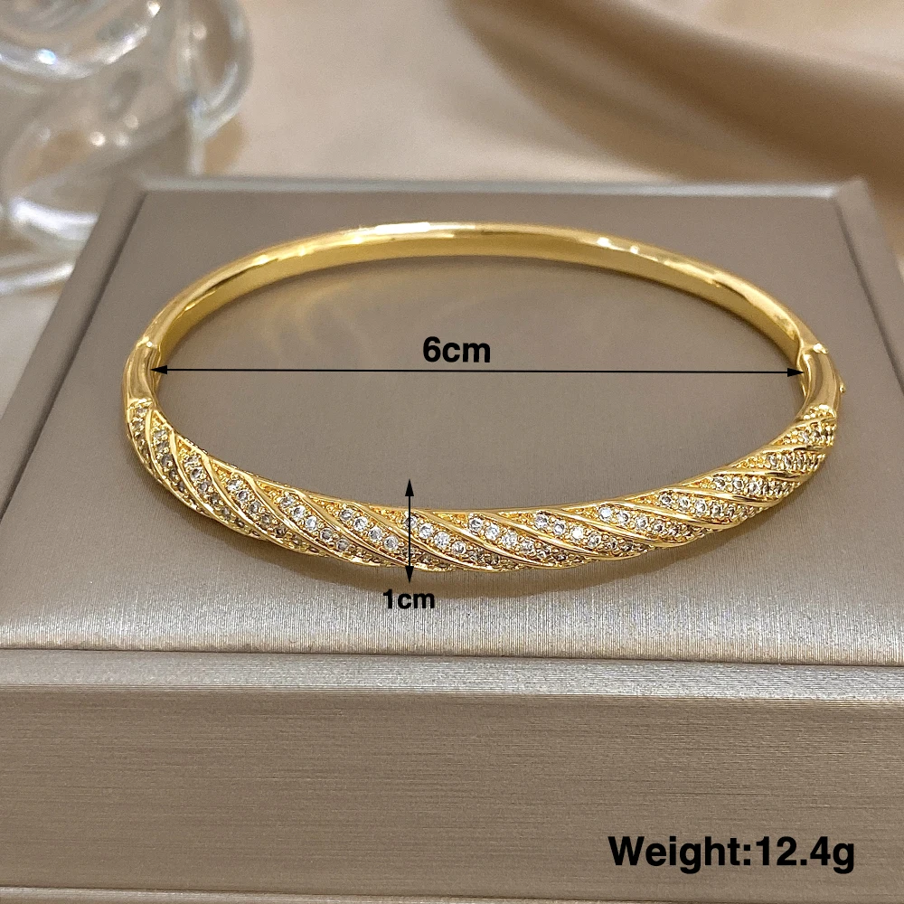 Freetey Classic Sparkling Zircon Golden Plated Round Bangle for Women Minimalist Stackable Basic Spring Bracelet Hand Jewelry