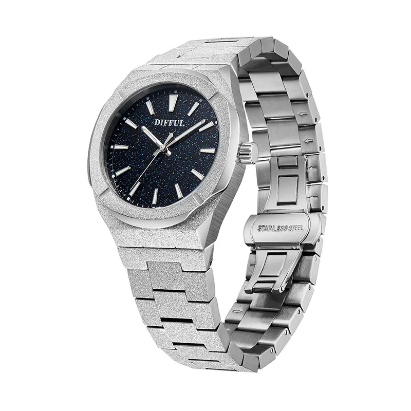 DIFFUL 5ATM Waterproof Luxury All Stainless Steel Paul Rich Style Hip Hop Luminous Star Dust Frosted Watch