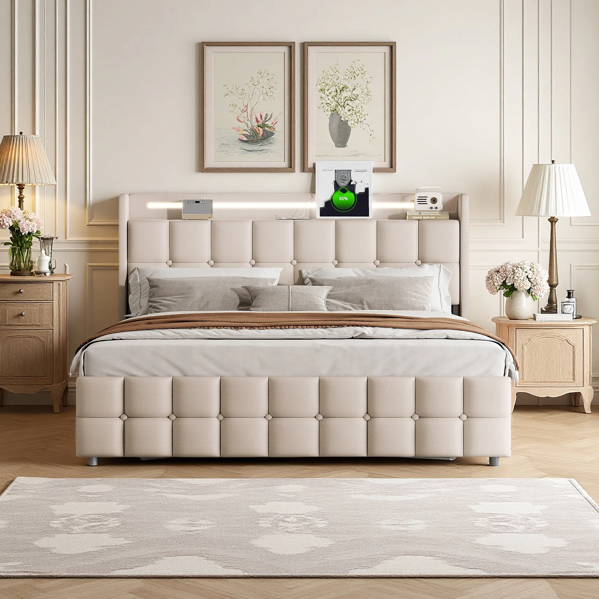 Tweepersoonsbed 160 x 200 cm,  volwassen bed met 4 lades, gestoffeerd bed met USB-aansluiting en LED-verlichting, hoofdeinde met plank, linnen, beige/grijs
