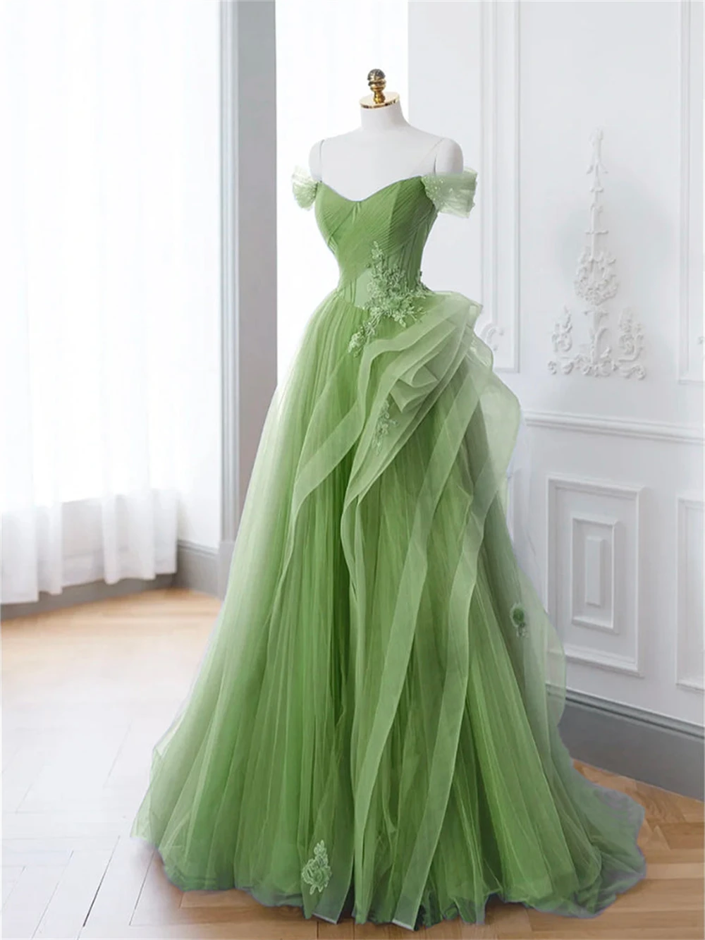 Sansa personalizado verde A-line apliques 3D flor Vestidos De graduación fuera del hombro Vestidos De Noche hasta el suelo Noche Formal