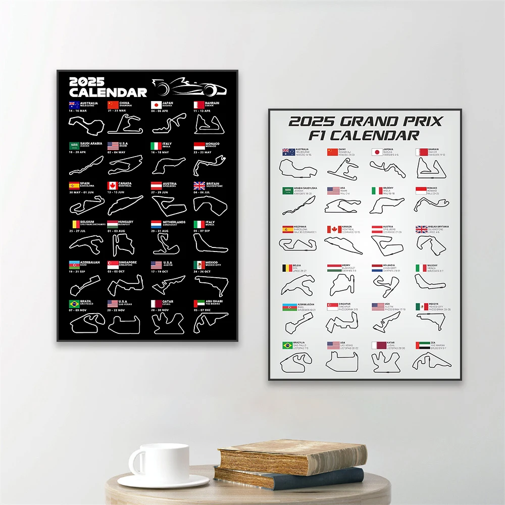 2025 F1 Calendar Poster Track Formula 1 Racing Art Print F1 Cars Speeding Circuit Poster Formel 1 Racing Wall Decor Canvas Print