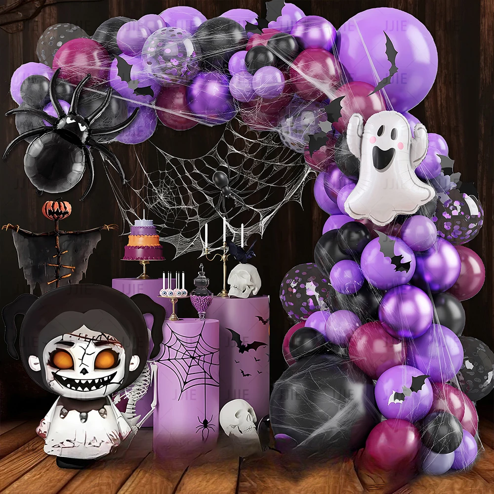 

Halloween Balloon Garland Arch Kit Black Purple Foil Helium Balloons for Spooky Horror Night Party Decorations Supplies