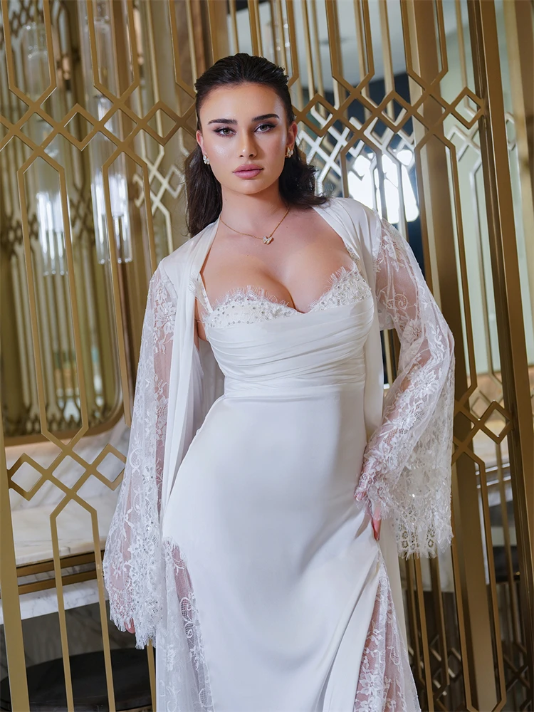 Elegante zweiteilige Spitze Braut Robe für Hochzeit sexy Flare Ärmel weichen Tüll Braut dusch kleid Frauen Nacht Gwon عرس لنجري