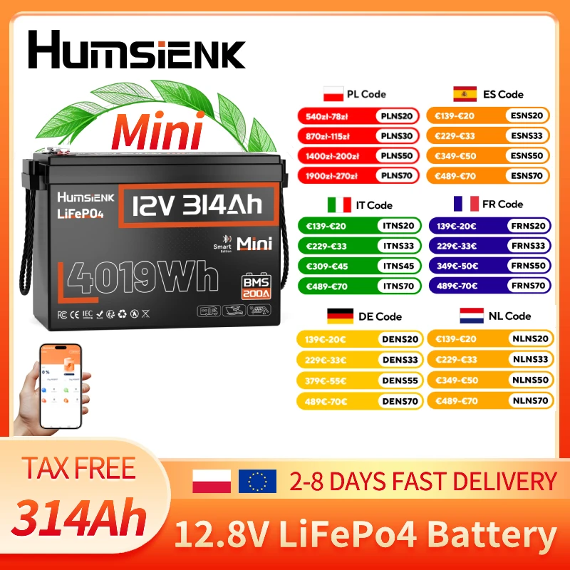 Akumulator litowy Humsienk 12V 314Ah LiFePO4 z Bluetooth APP z Polski za $353.04 / ~1332zł