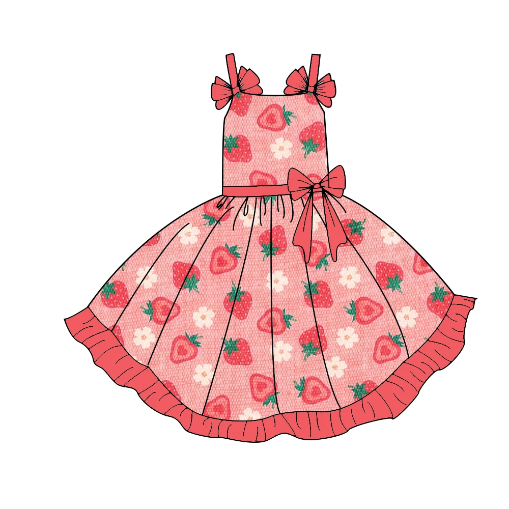 Boutique Girls dress Strappy Sundress featuring Ruffles Bow Accents and Bow and Strawberry Print Casual Everyday Wear Baby