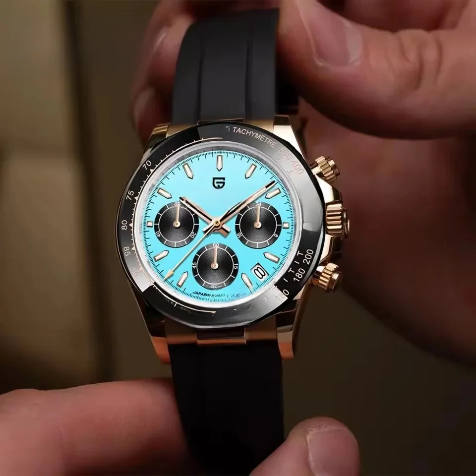 PAGANI DESIGN 40MM V2 Himmelblau Zifferblatt Klassische Herren Quarzuhren Saphir Retro Chronograph Edelstahl Wasserdichte Uhr für Männer