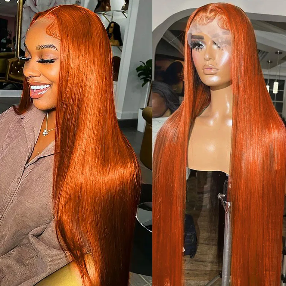 YKB 30 36 Inch Orange Ginger 13x6 Lace Front Wigs Human Hair Straight 13x4 HD Lace Frontal Wig 350 Colored Pre Plucked Brazilian