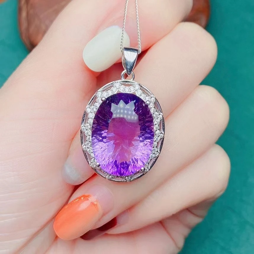 

100% 925 Sterling Silver Natural Amethyst Large Grain Gemstone Women's Pendant + Necklace Party Marry Birthday Gift Girl New