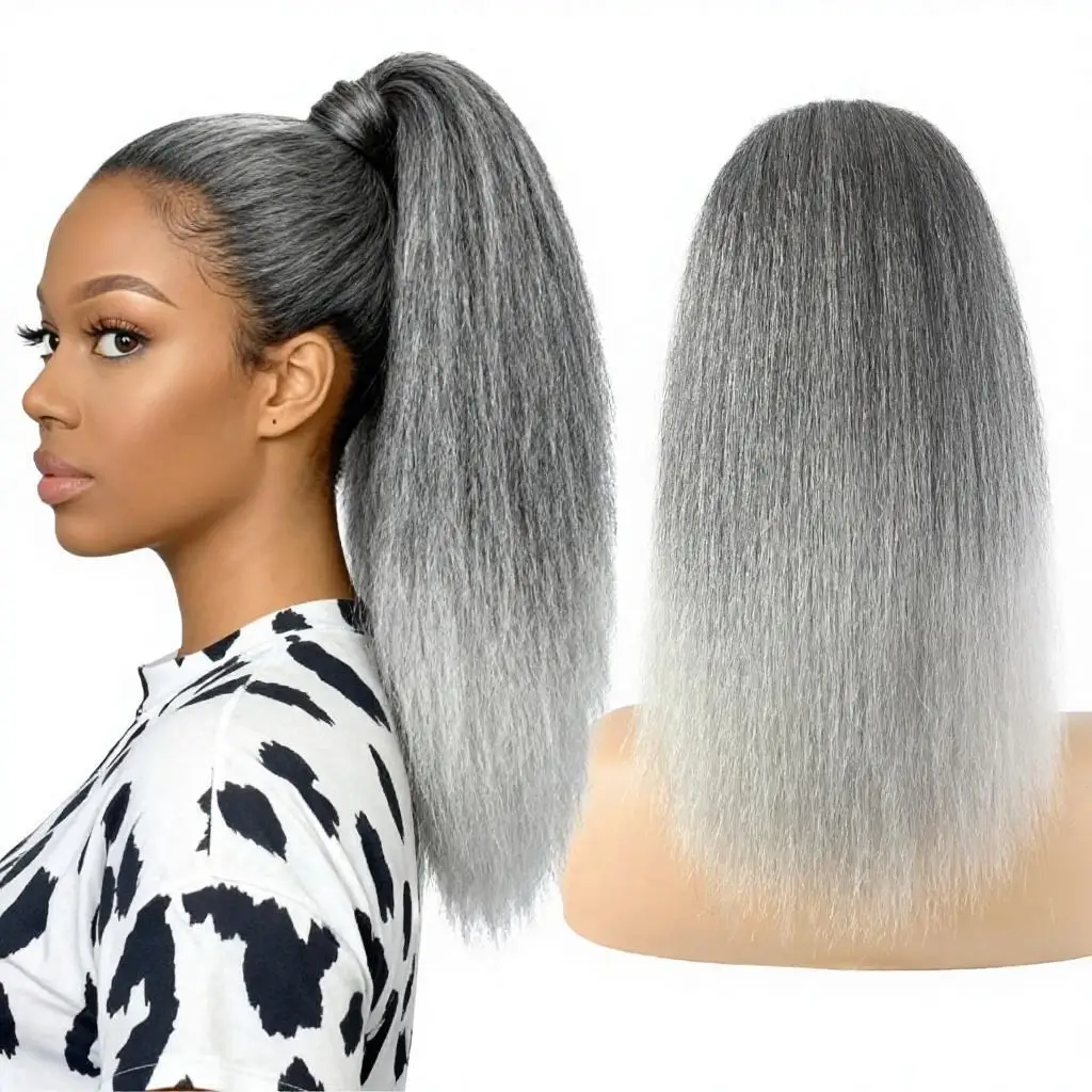 18Inch Synthetic Yaki Straight Ponytail Hair Extension Ombre Gray Wrap Around Ponytail With BB Clips For Natural Looking Style