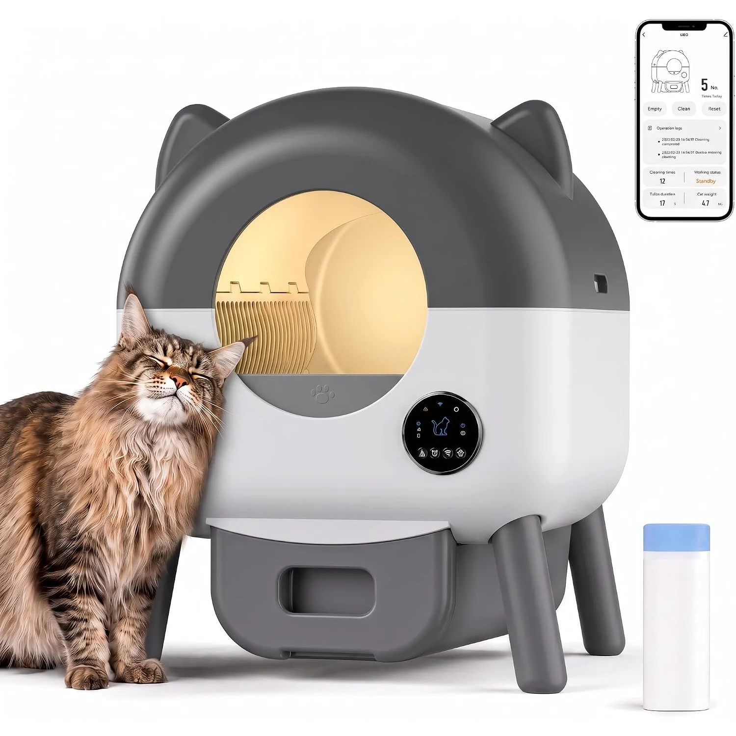 Self-Cleaning Cat Litter Box, Self-Cleaning Cat Toilet with Odor Control & App, 76 L/15 Days, Scoop-Free, Safety Sensors, Automatic Cat Litter Box with Anti-Pinch Protection and 6 Night Lights