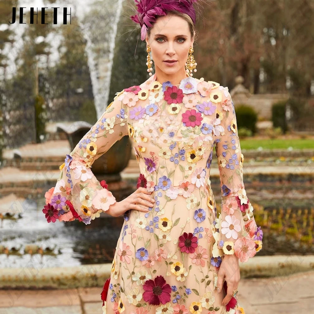 JEHETH High Neck 3D Flowers Prom Dresses For Women Luxury Flare Sleeves Evening Gown Formal Party Tea-Length فساتين مناسبة رسمية