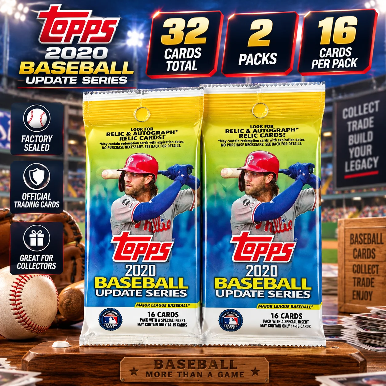 32 Cards 2020 Topps Update Series Baseball 2-Pack Bundle – Factory Sealed Baseball Trading Card Collection, 2 Packs with 16 Cards Each, Premium Sports Card Packs for Hobby Collectors, Trading, Card Opening, Set Building & Gift Giving
