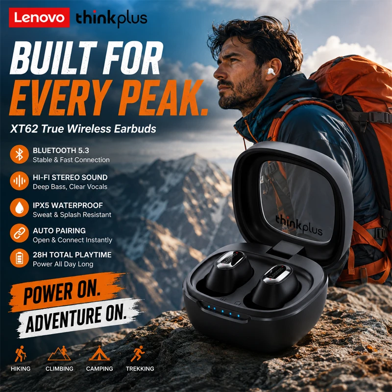 Original Lenovo XT62 TWS Earphone Bluetooth 5.3 Wireless Earbuds Low Latency Headphones HiFi Sport Headset With Mic HD Call