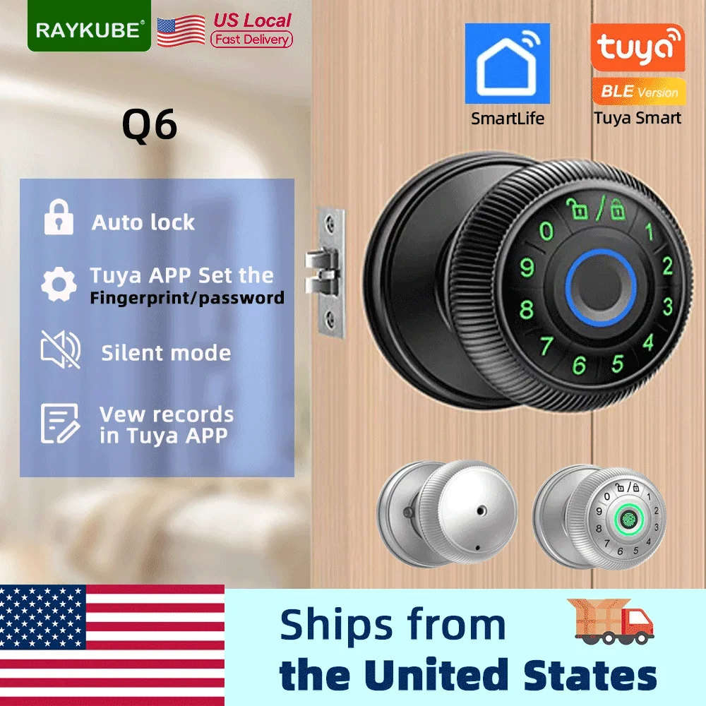 RAYKUBE Q6 US Free Delivery Tuya BLE Smart Fingerprint Door Lock Round Knob Electronic Lock with Password/Key/Tuya APP Unlock