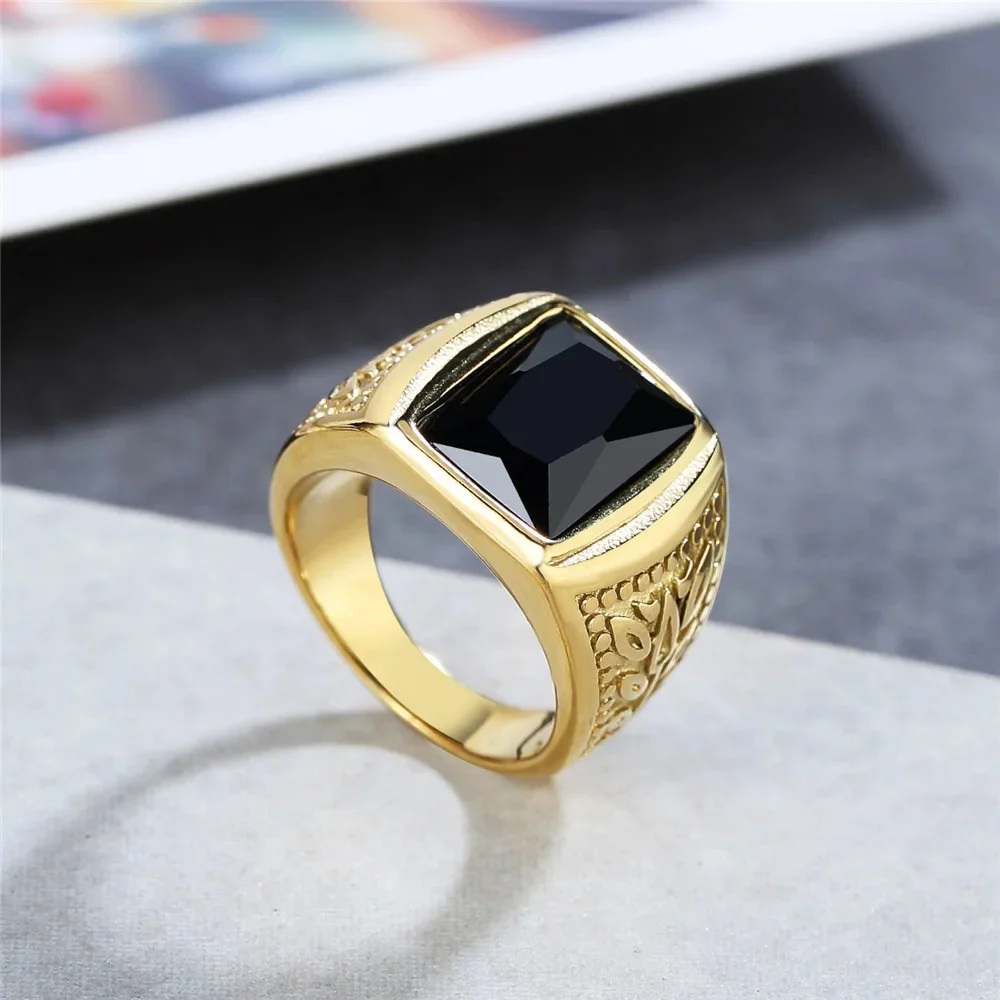 Bague Punk en pierre rouge/verte/noire pour hommes et femmes, Vintage, en acier inoxydable 316L, motif sculpté, grenat rouge, bijoux cadeau