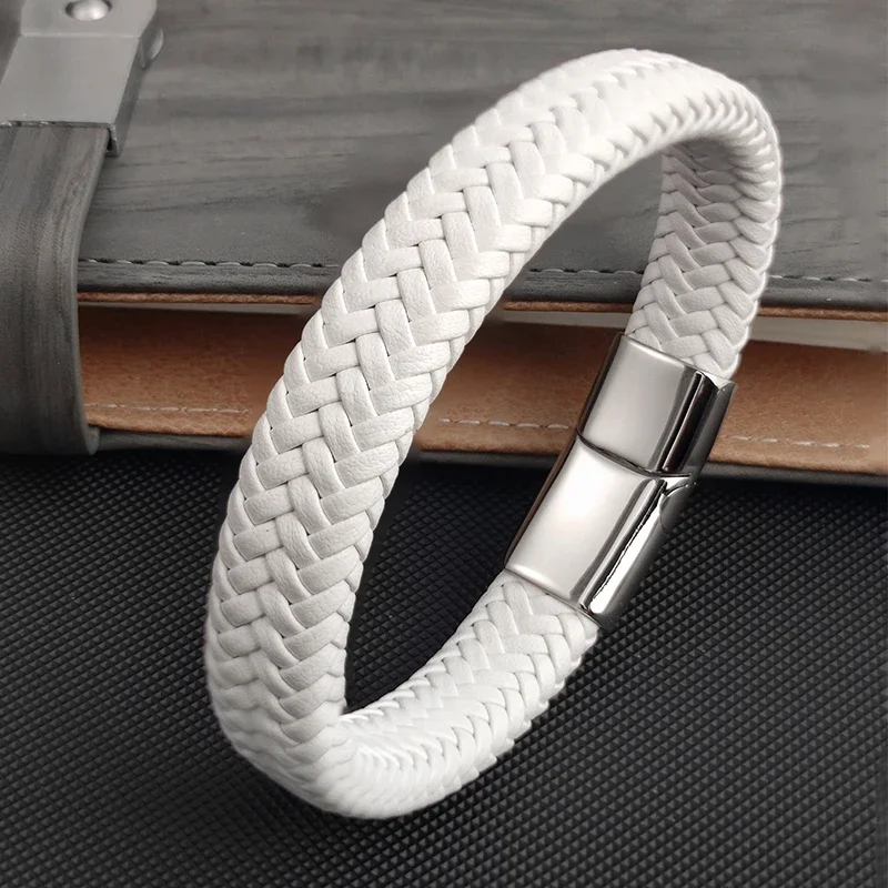 Mode Einfache Weiße Leder Geflecht Armband Edelstahl Schnalle Verschlüsse für Männer Handgemachte Armreif Großhandel Charme Schmuck Geschenk