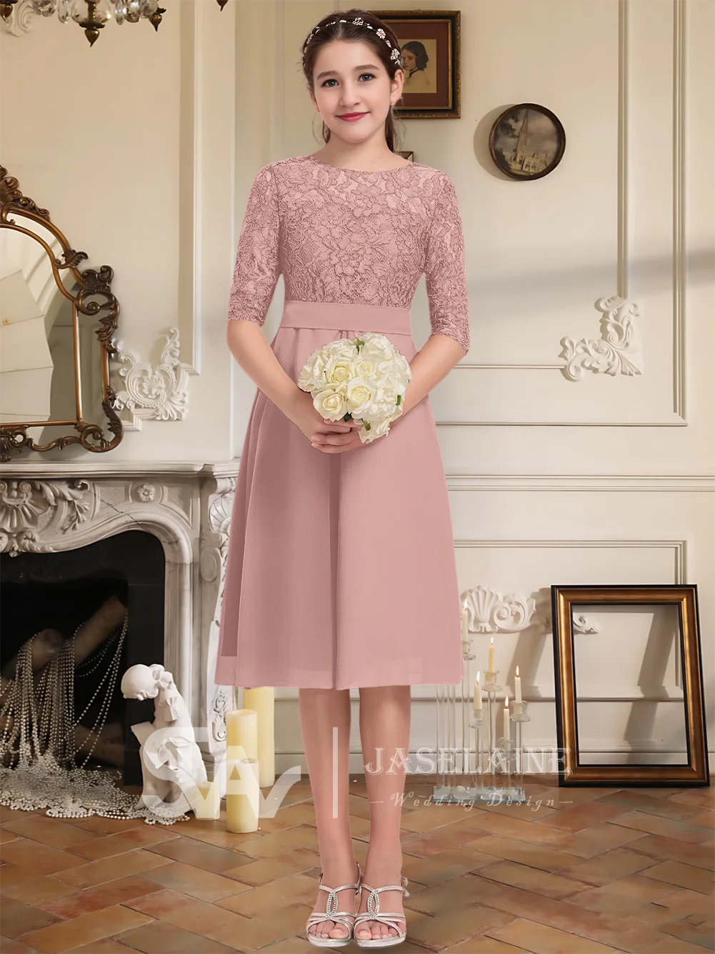 Elegant Royal Plum A-Line Scoop Chiffon Lace Junior Bridesmaid Dress Flower Girl Dress Girls Wedding Party Formal Communion