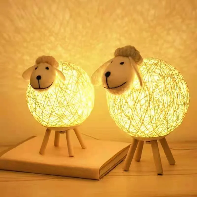 

Handwoven Rustic LED Sheep Night Light Dimmable USB Powered Moon Lamp with Remote Control for Bedroom and Easter Décor