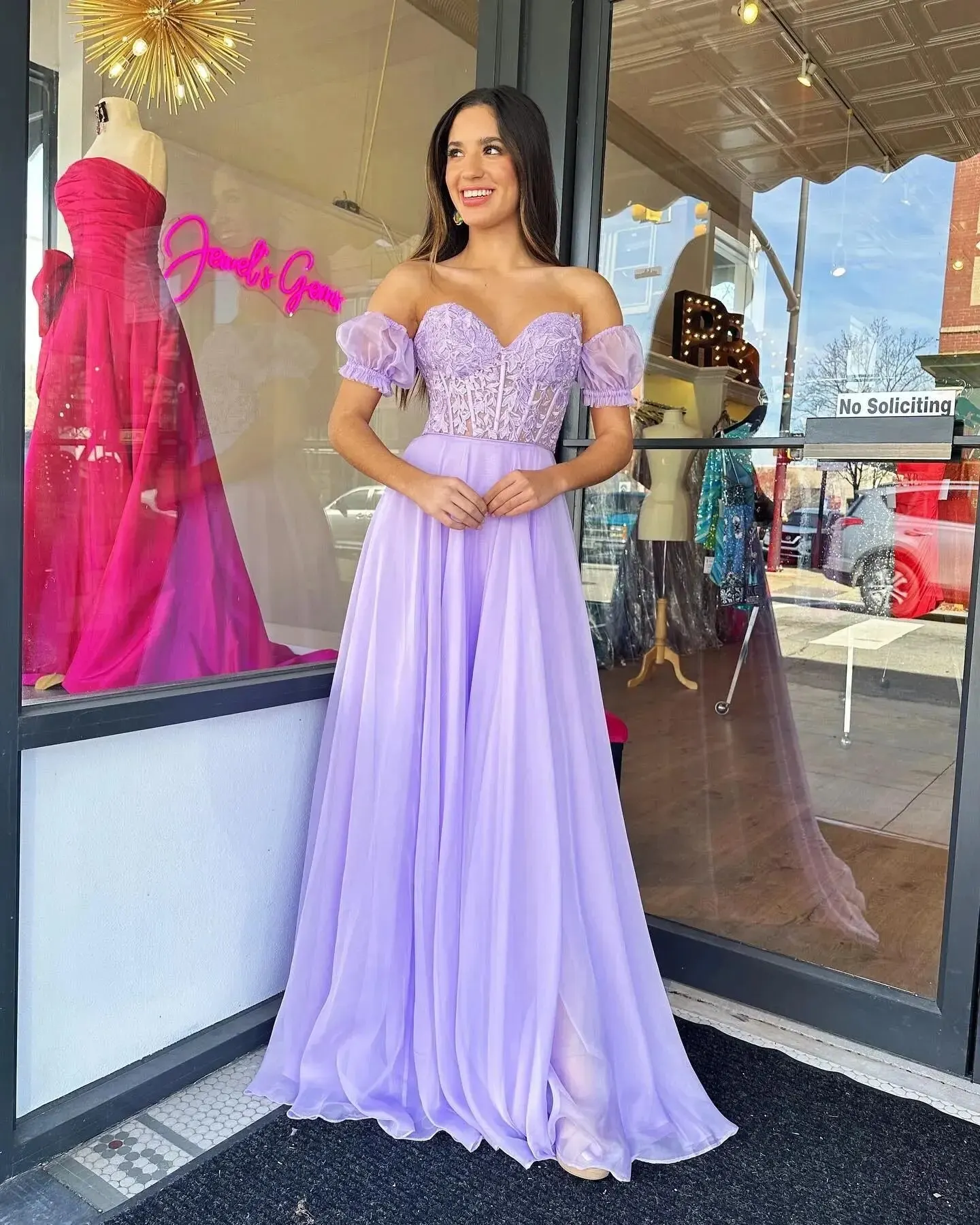 

Sweetheart Lace Appliques Off Shoulder Chiffon Prom Dresses with Puff Sleeves Floral Wedding Bridesmaid Dresses with Slit Long