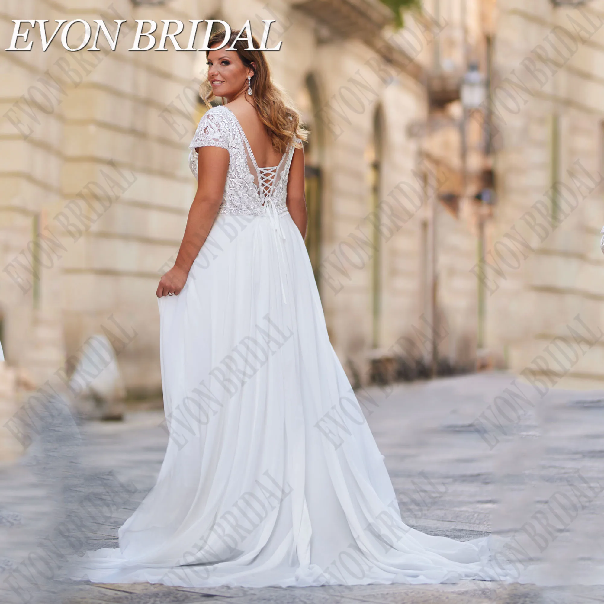 EVON BRIDAL Plus Size Civil Wedding Dress 2024 Bride V-Neck Applique A-Line Lace Up Backless Chiffon Bride Gown Sweep Train