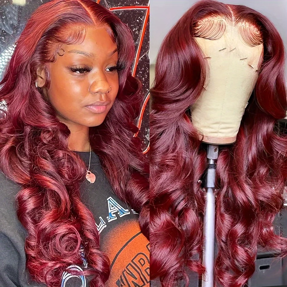 Wig rambut manusia renda depan gelombang tubuh 99J 13x4 30 inci Burgundy Wig Frontal HD transparan renda Wig warna Brasil untuk wanita