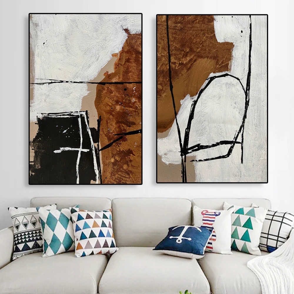 Black and White Abstract Canvas Painting Poster Vintage Minimalist Beige Design Print Modern Wall Artwork Decor for Home Room