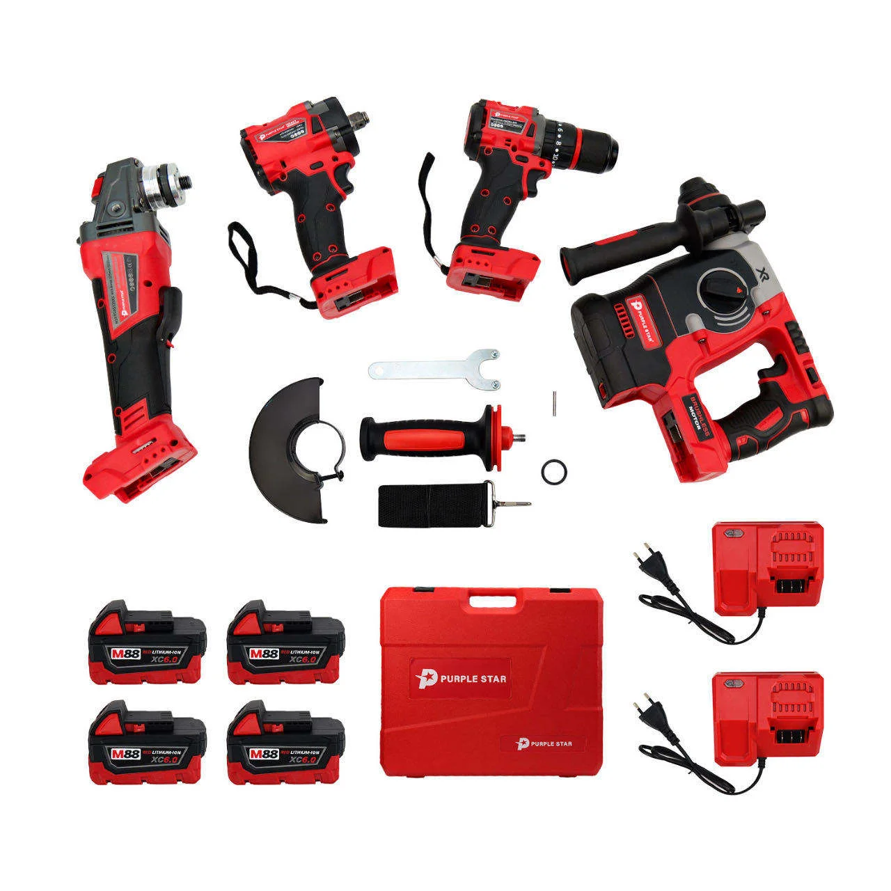 

Red 10-In-1 Cordless Tool Set Brushless Hammer Drill Impact Wrench Angle Grinder 4 Machines 4 Batteries 2 Chargers Keyless OEM