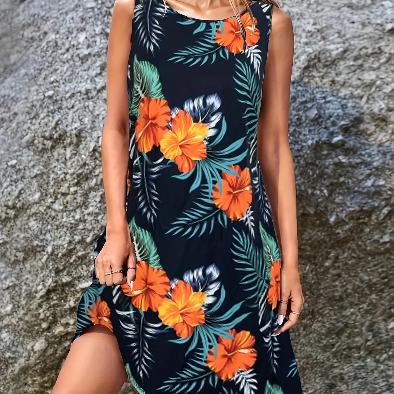 S-5XL Retro Colorful Flower Print Round Neck Casual Long Skirt Women's Sleeveless Summer Beach Skirt Shirt Travel Pocket Dress