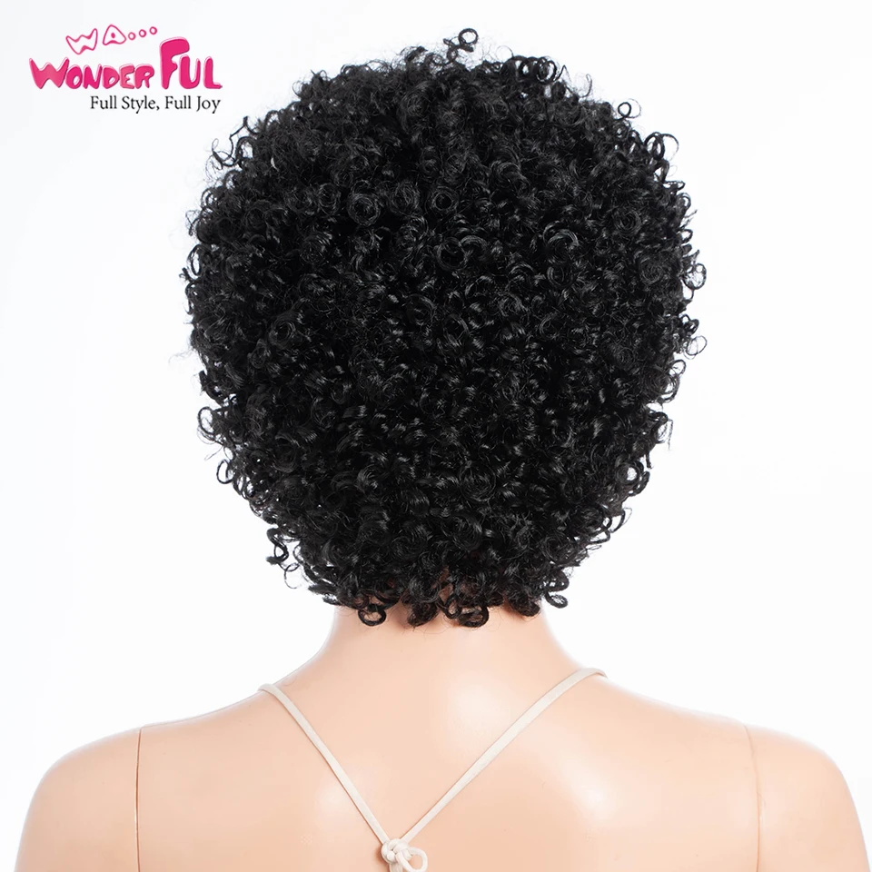 Afro Kinky Curly perucas de cabelo humano para mulheres negras, curto encaracolado, corte Bob com Franja, destaque escuro, cor marrom, máquina