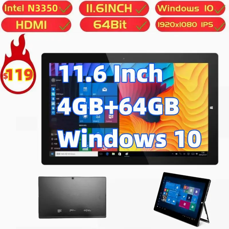 Tableta Windows 10 2 en 1 de 11,6 pulgadas, 64 bits, PAD1162 con teclado, 4GB + 64GB, N3350, CPU, Bluetooth 4,2, Compatible con HDMI, 1920x 1200ips