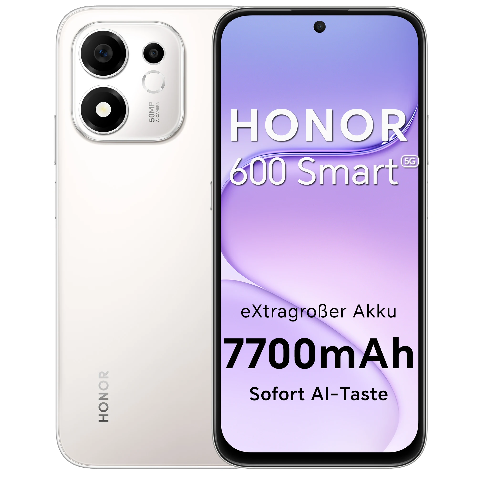 HONOR 600 Smart, 5G-Smartphone, 6,872 Zoll TFT-Display, 1020 Nits Spitzenhelligkeit, 7700-mAh-Akku, 45W Schnellladung, Snapdragon 4 Gen4 Octa-Core, 4GB RAM 128GB/256GB Speicher, 50MP Hauptkamera, Dual
