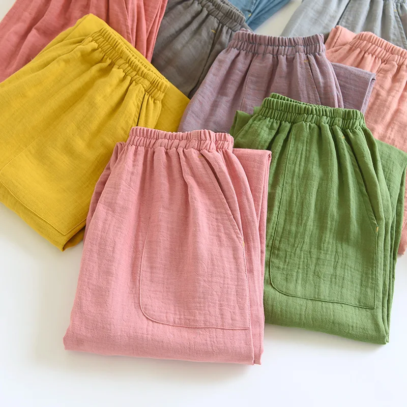 Pantalones de dormir 2024 de algodón para mujer, pantalón informal de Jacquard, de doble gasa, holgado, para el hogar, primavera y verano, 100%